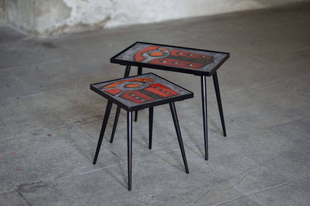 2 nesting varnished ceramic coffee tables - the brothers jean & robert cloutier 1950
