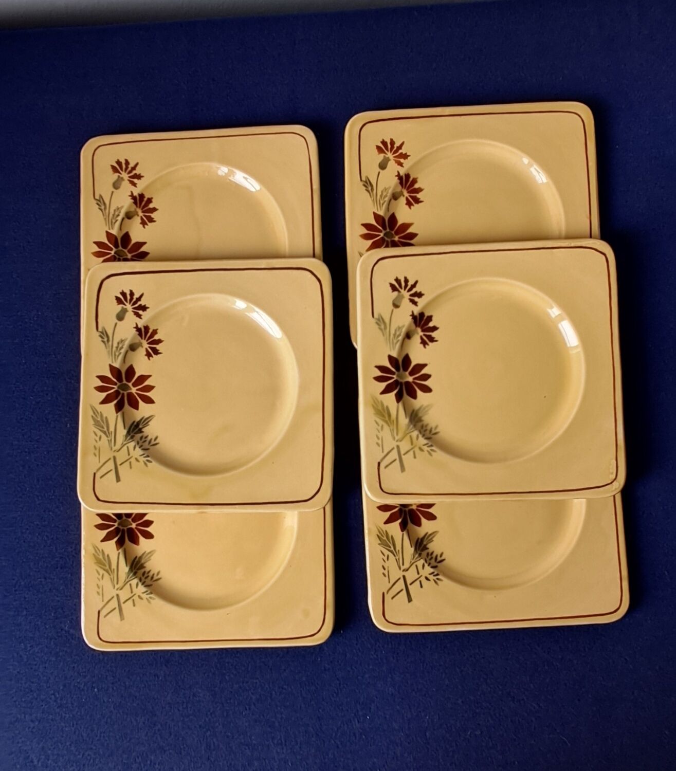 6 square dessert plates, ironstone. 1940s-50s.