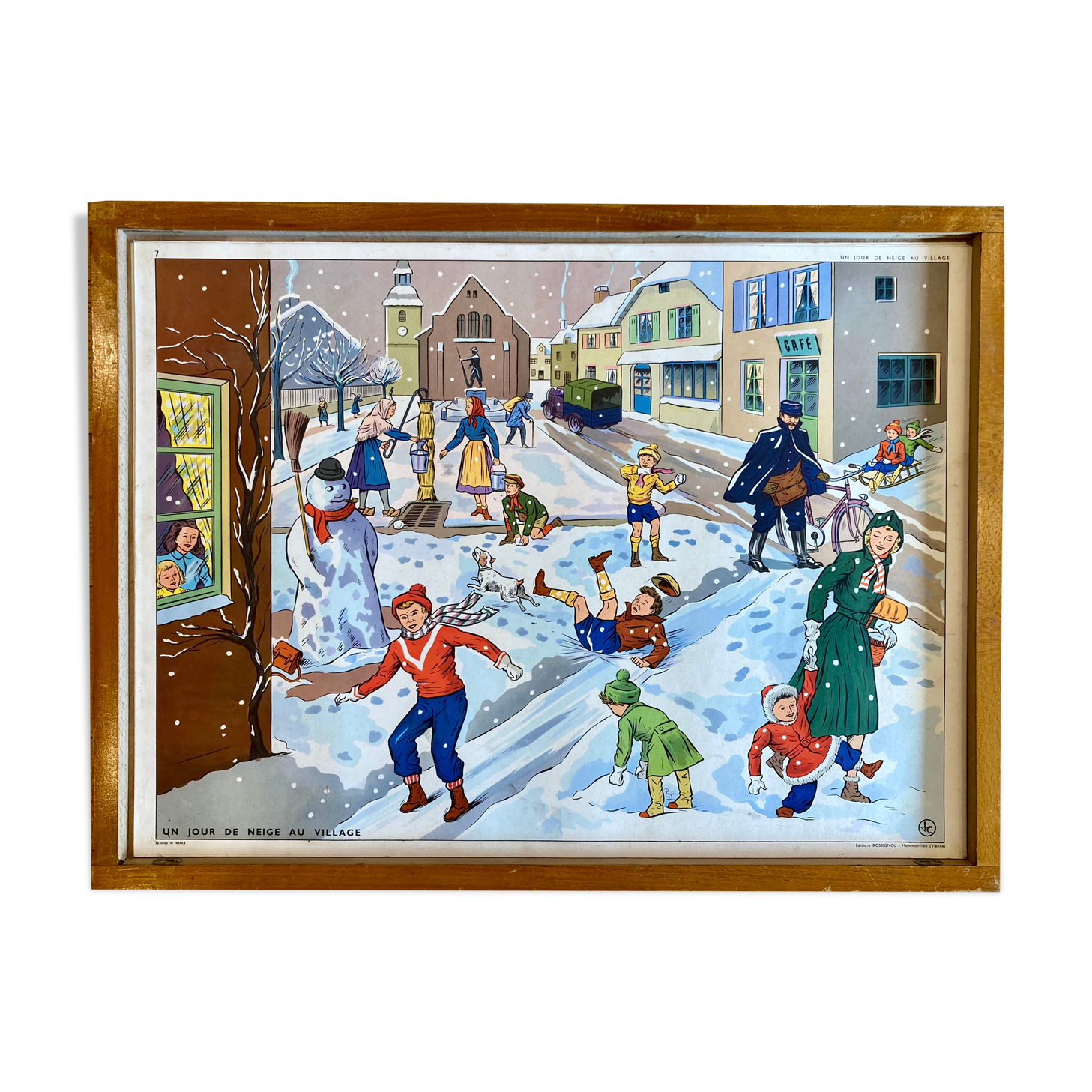 Educational poster elocution Rossignol vintage 60s - a snow day in the village and the Post Office