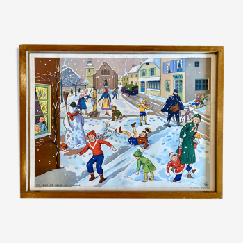 Educational poster elocution Rossignol vintage 60s - a snow day in the village and the Post Office