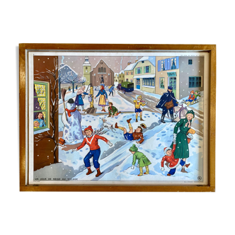 Educational poster elocution Rossignol vintage 60s - a snow day in the village and the Post Office