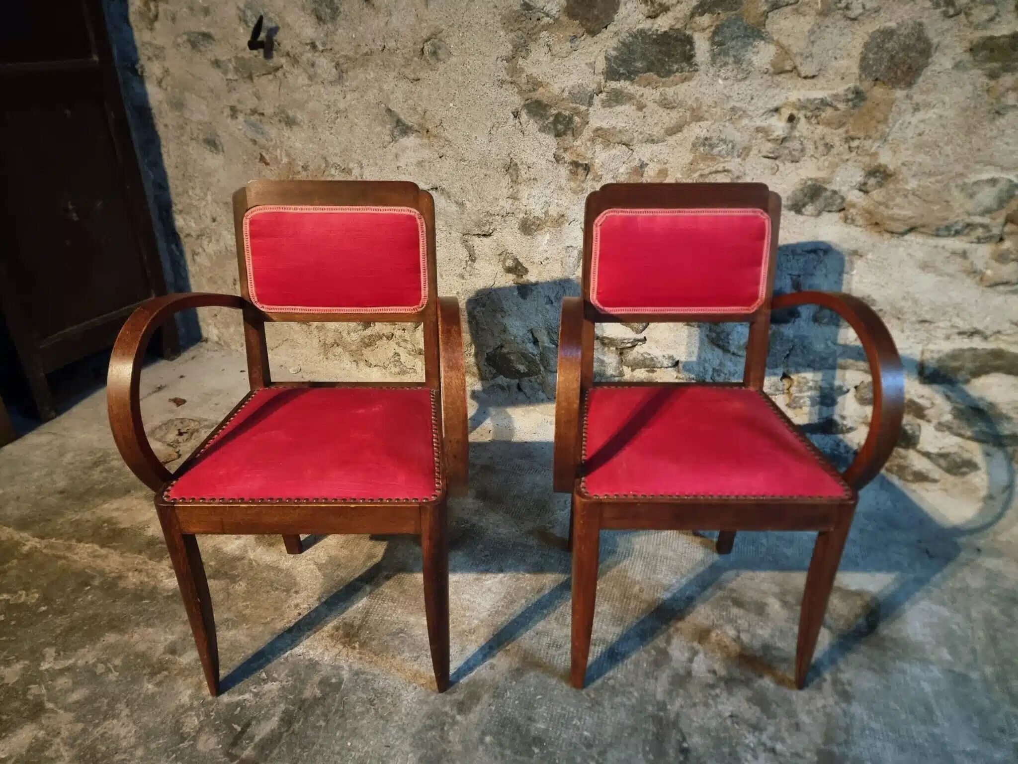 Pair of French Art Deco armchairs in beech, 1930s