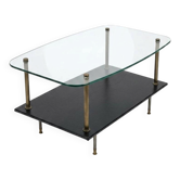 Table basse vintage des années 60 , verre skaï laiton
