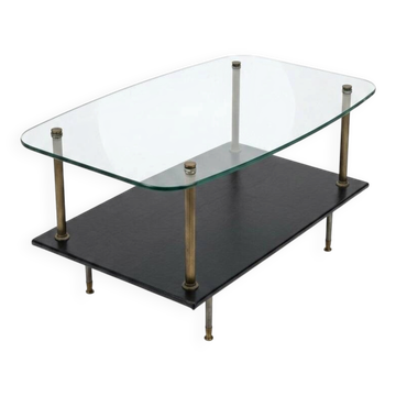 Vintage coffee table from the 1960s, glass, faux leather, brass.