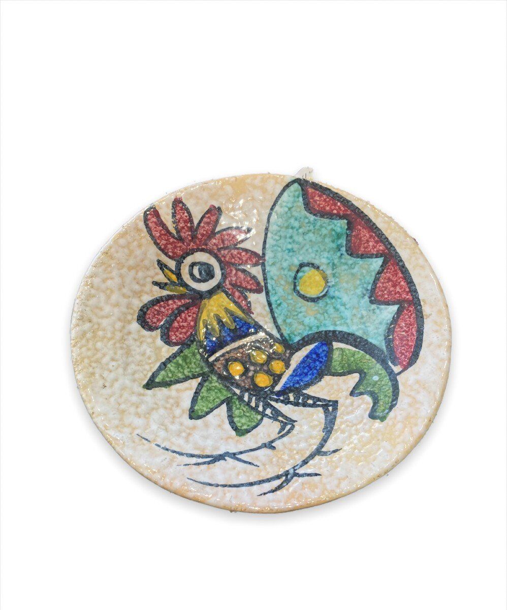 Plate polychrome rooster decoration toledo 1950s
