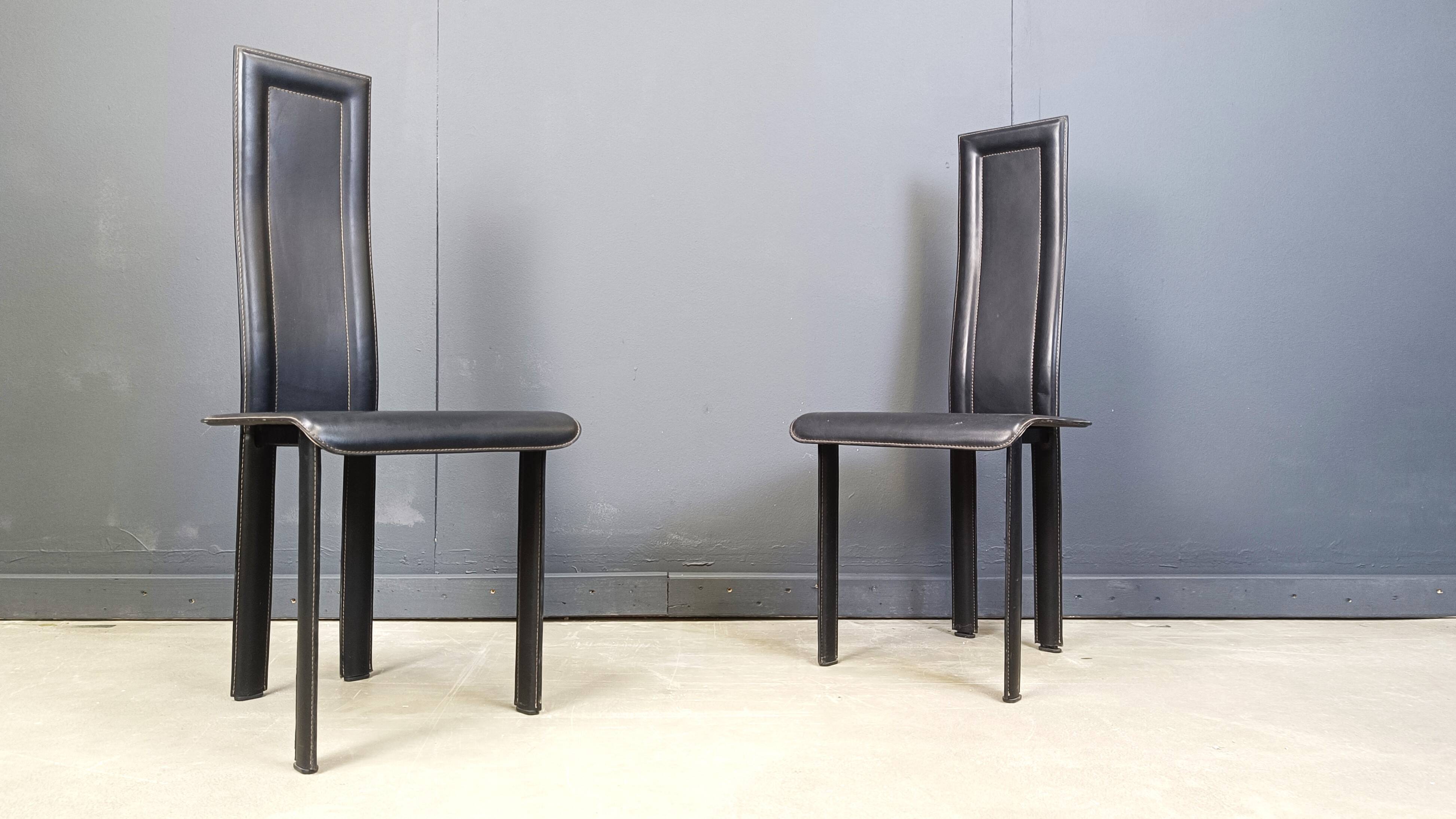 Set of 6 post modern black leather dining chairs, 1980s