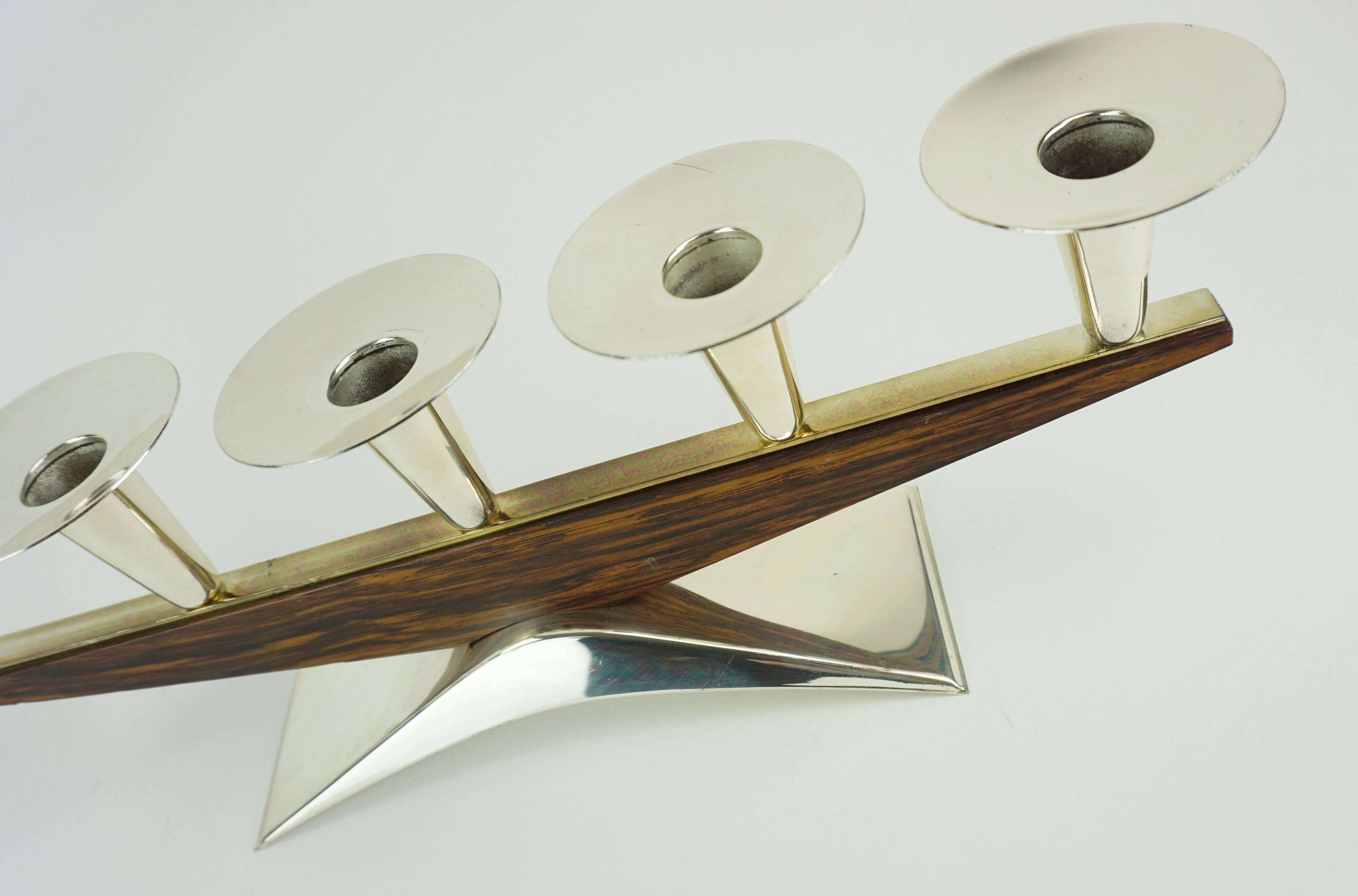 mid century modern CANDLE HOLDER silver-colored metal and wood 1950s 1960s