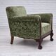 1950s, Danish armchair, green furniture velour, carved oak wood.