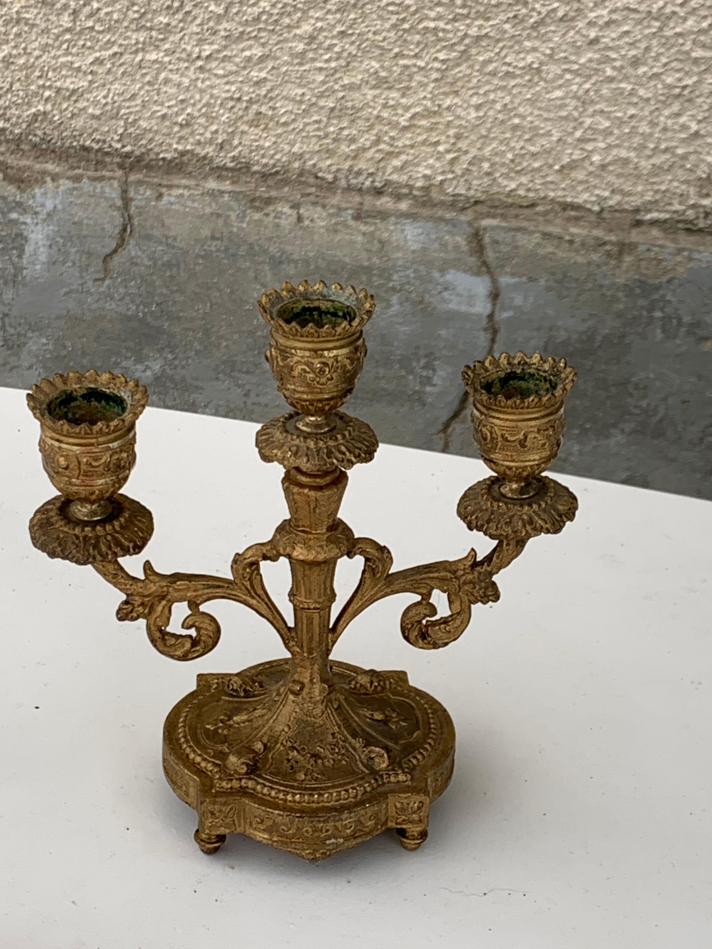 Old chiseled brass chandelier, 3 candlesticks, baroque floral pattern