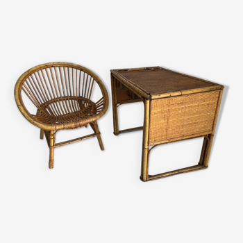 Rattan children's desk with armchair