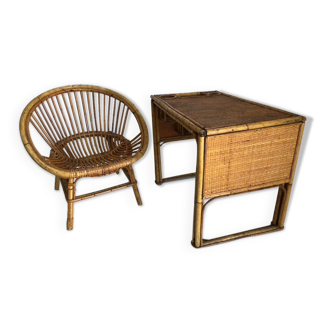 Rattan children's desk with armchair