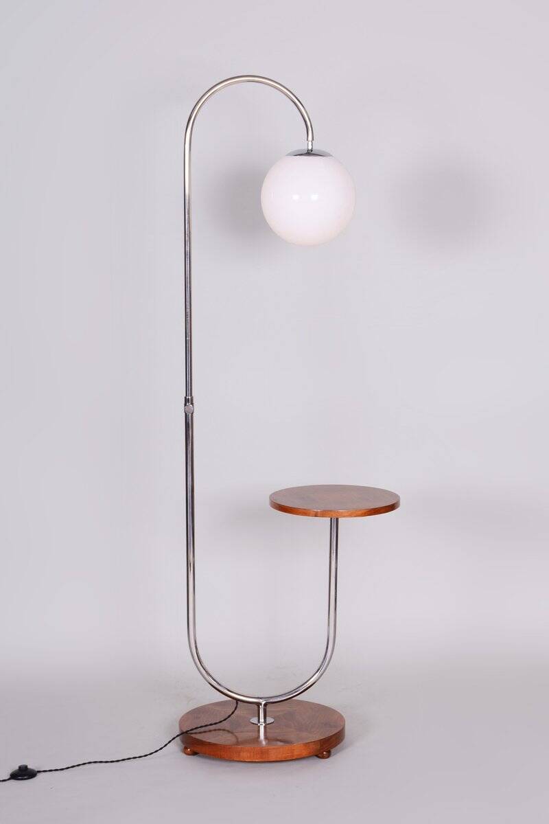 Bauhaus Adjustable Floor Lamp in Walnut and Chrome attributed to R. Slezák, Czech, 1930s