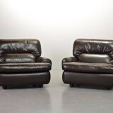 Comfortable Durlet Lounge Chairs in Chocolate Brown Leather, Set of Two 70s
