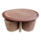 Table basse et 3 tabourets en corde 1970
