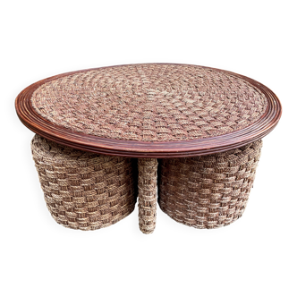 Coffee table and 3 rope stools 1970