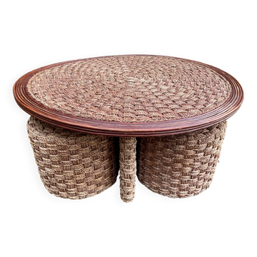 Coffee table and 3 rope stools from the 1970s.