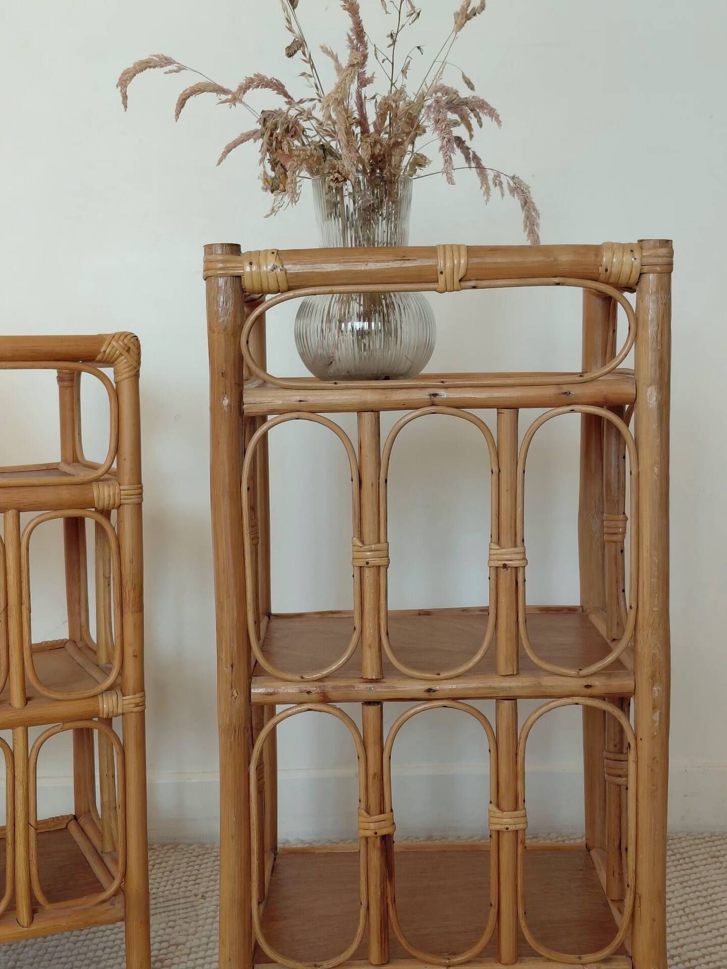 Pair of bedside tables/vintage bamboo and rattan accent furniture - 1970s