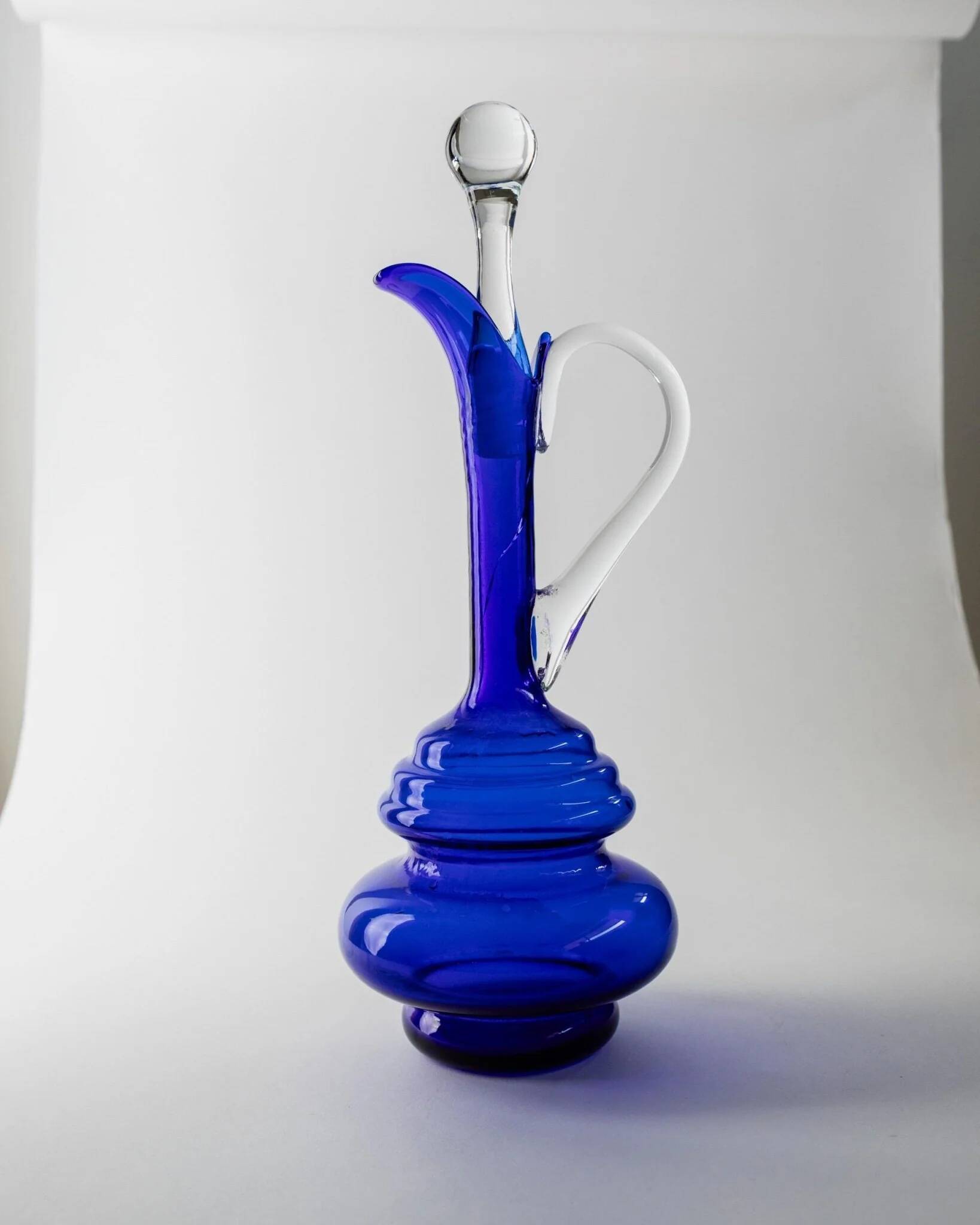 Murano cobalt blue glass carafe with clear handle and stopper - 1960s Italy, vintage mid-century design