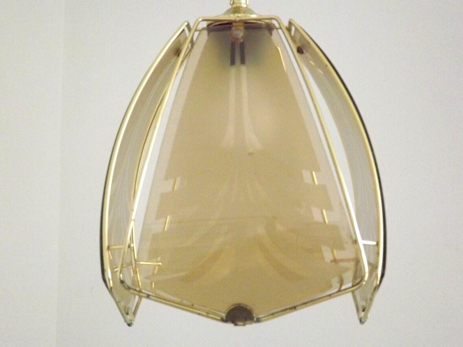 French ceiling light in gold metal with 4 decorative glass panels.