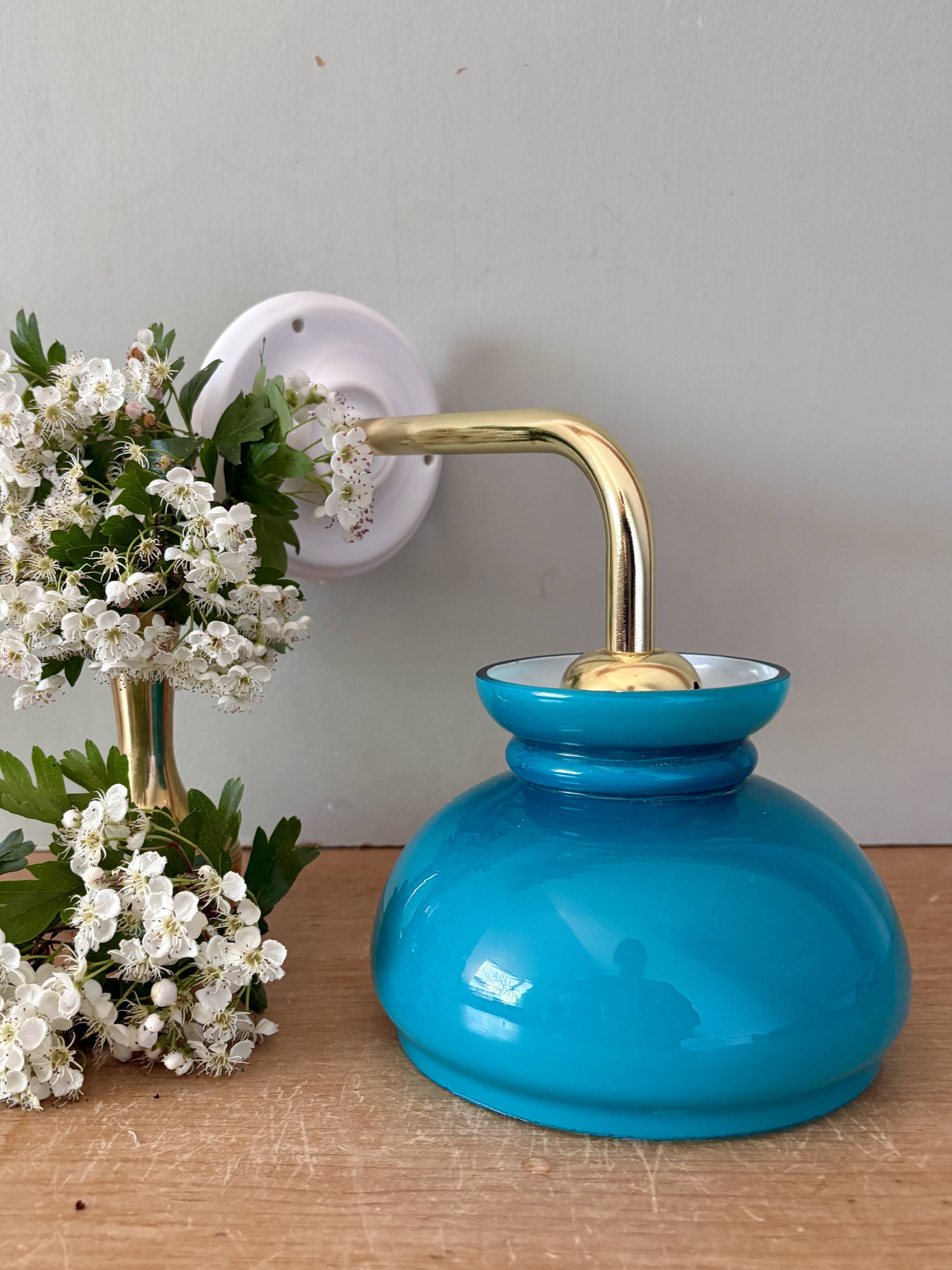 Vintage angled globe wall light in blue opaline