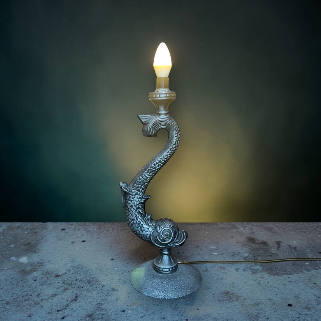 Sculptural metal lamp base – Stylised fish, 1950s