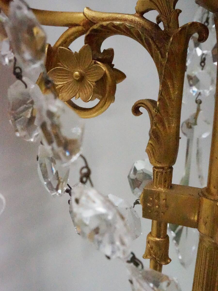 French Empire Neoclassical 7-Light Candelabra in Gilt Bronze and Crystal