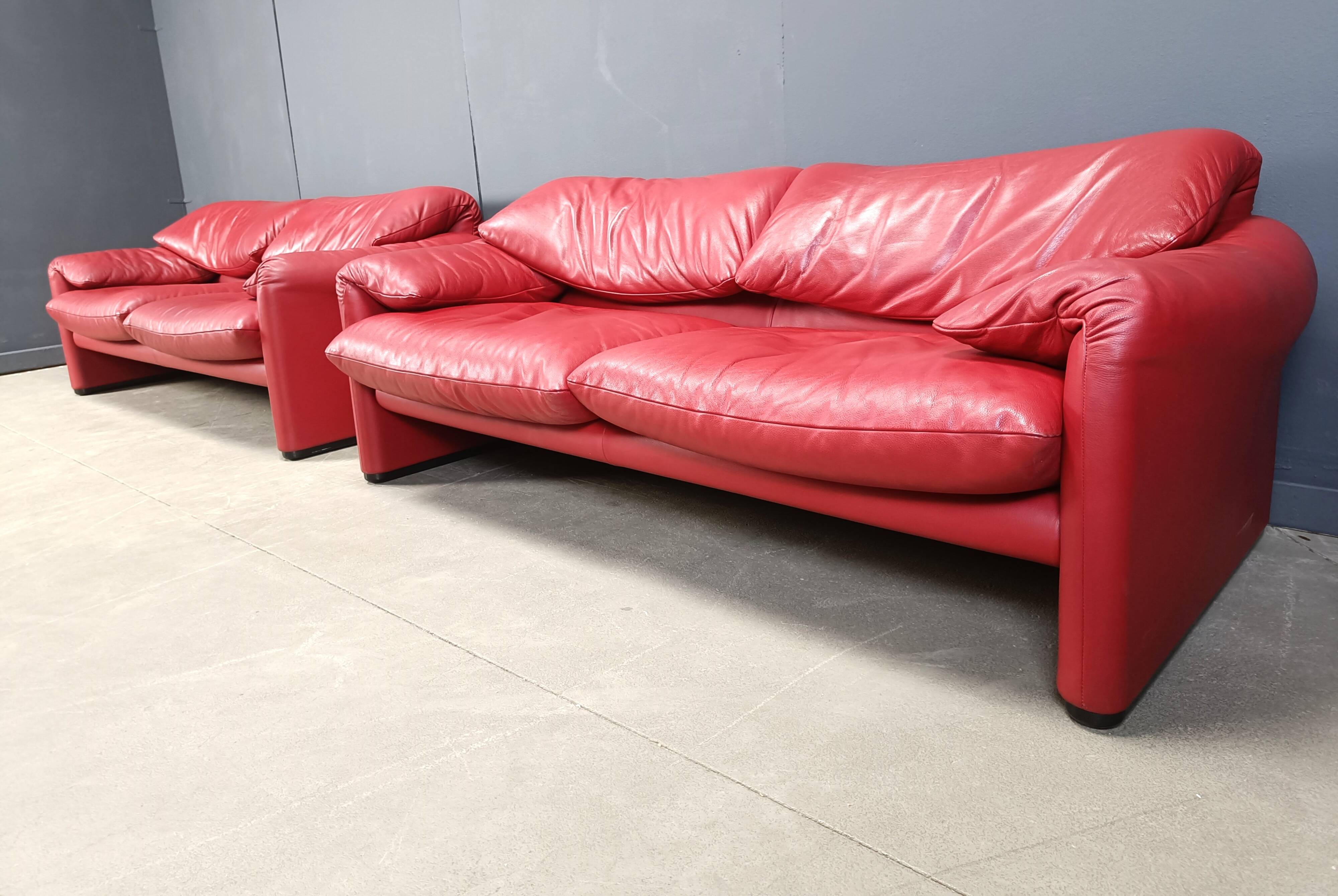 Leather Maralunga sofa set by Vico Magistretti for Cassina, 1980s