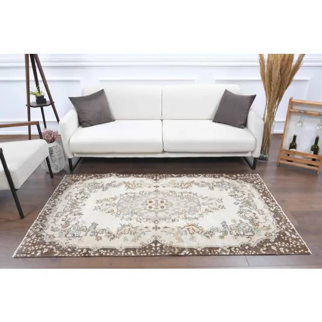 1970s Turkish Oushak Handmade Wool Cotton Beige Area Rug 114x197