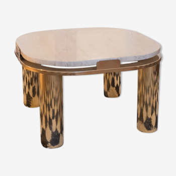 Travertine side table and vintage brass