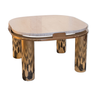 Travertine side table and vintage brass