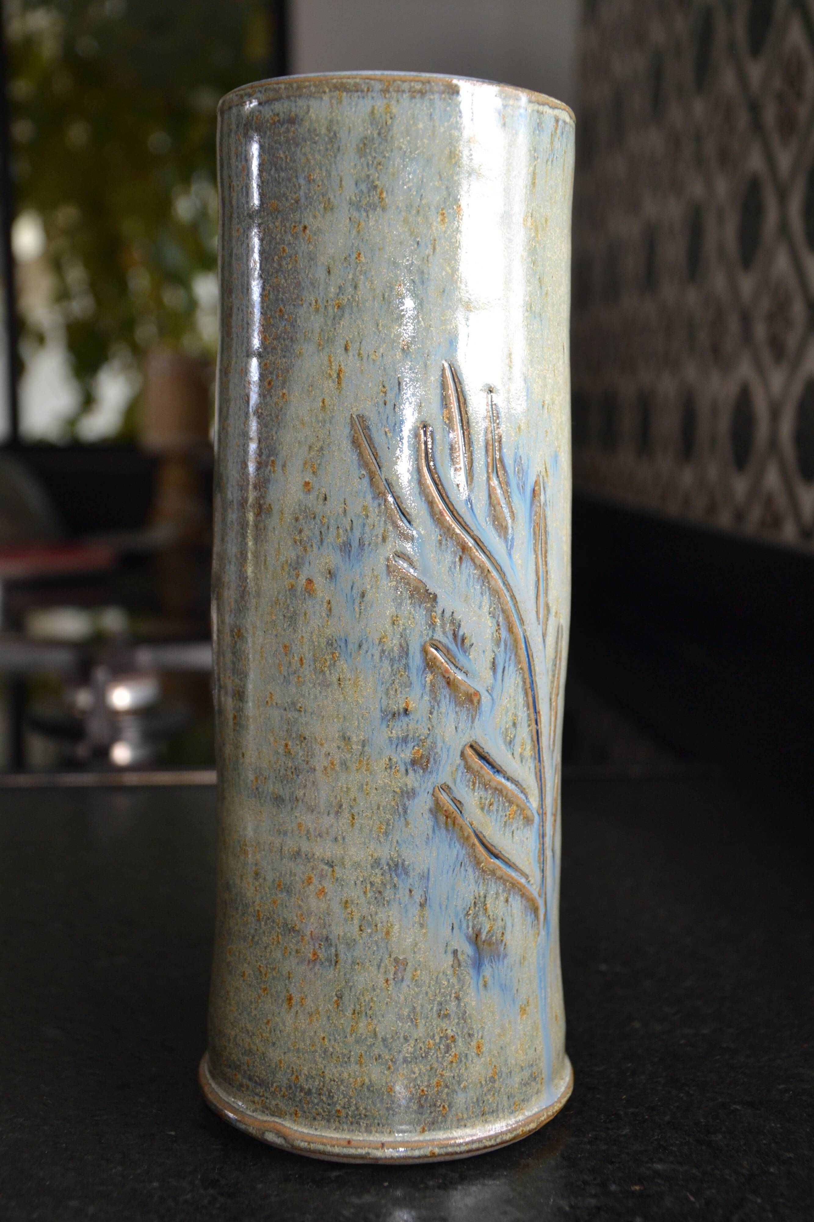 Signed chiseled and glazed stoneware roller/tube vase