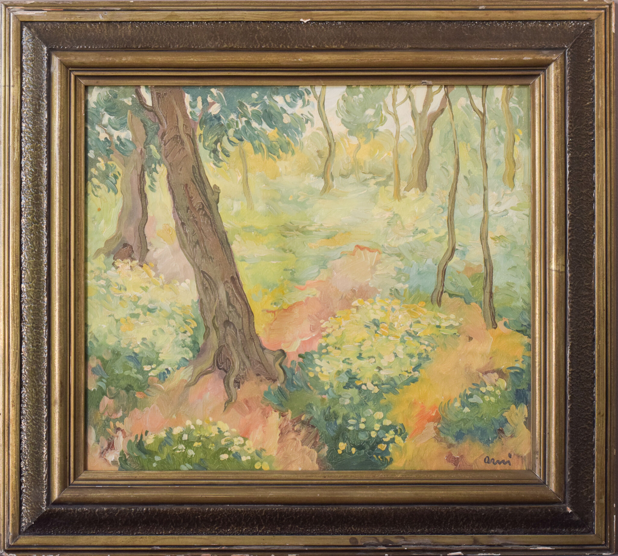 Impressionist wooded landscape with flowers
