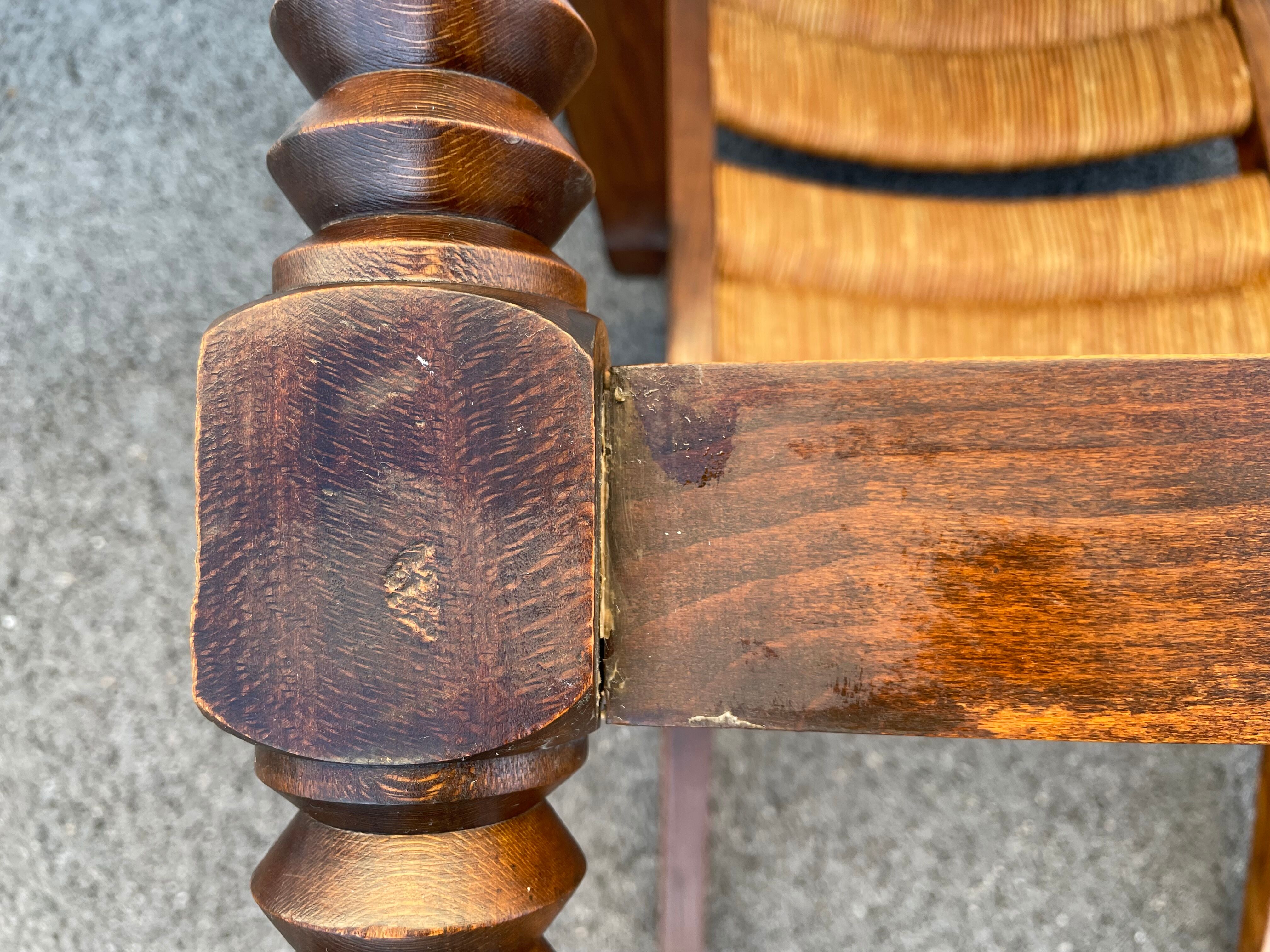 Vintage armchair in straw and brutalist wood