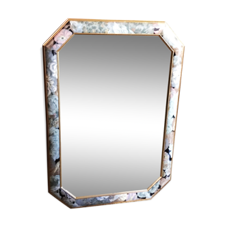 Miroir biseauté encadrement bois laqué décor fleuri - 70x48cm