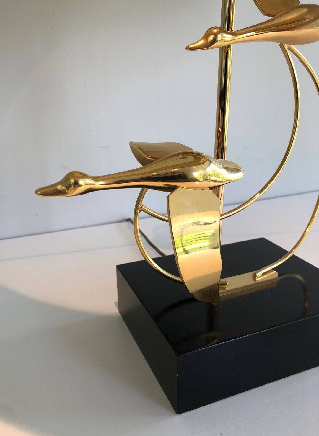 Brass Table Lamp with Wild Goose Flight, French Work, circa 1970