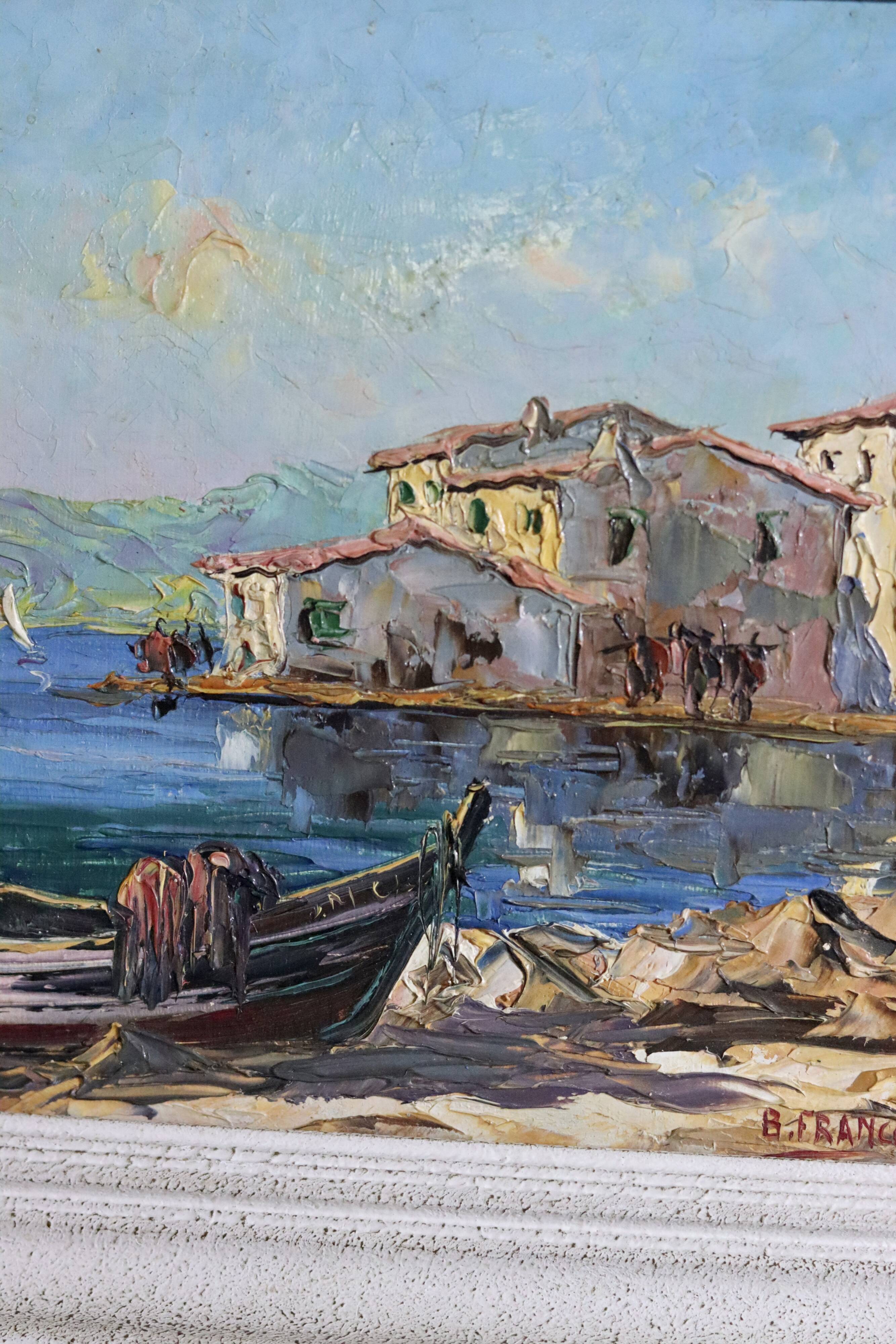 Oil painting on mid-century style panel "Port with Buildings" by B Franco, vintage and framed.