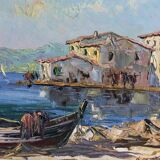 Oil painting on mid-century style panel "Port with Buildings" by B Franco, vintage and framed.