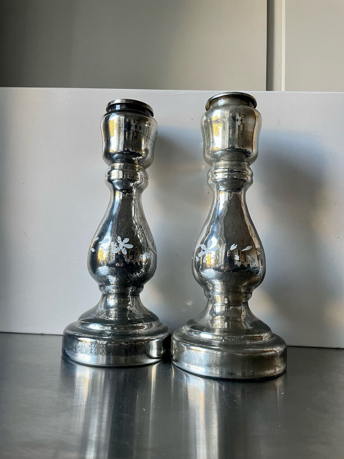 Pair of vintage mercury glass candleholders