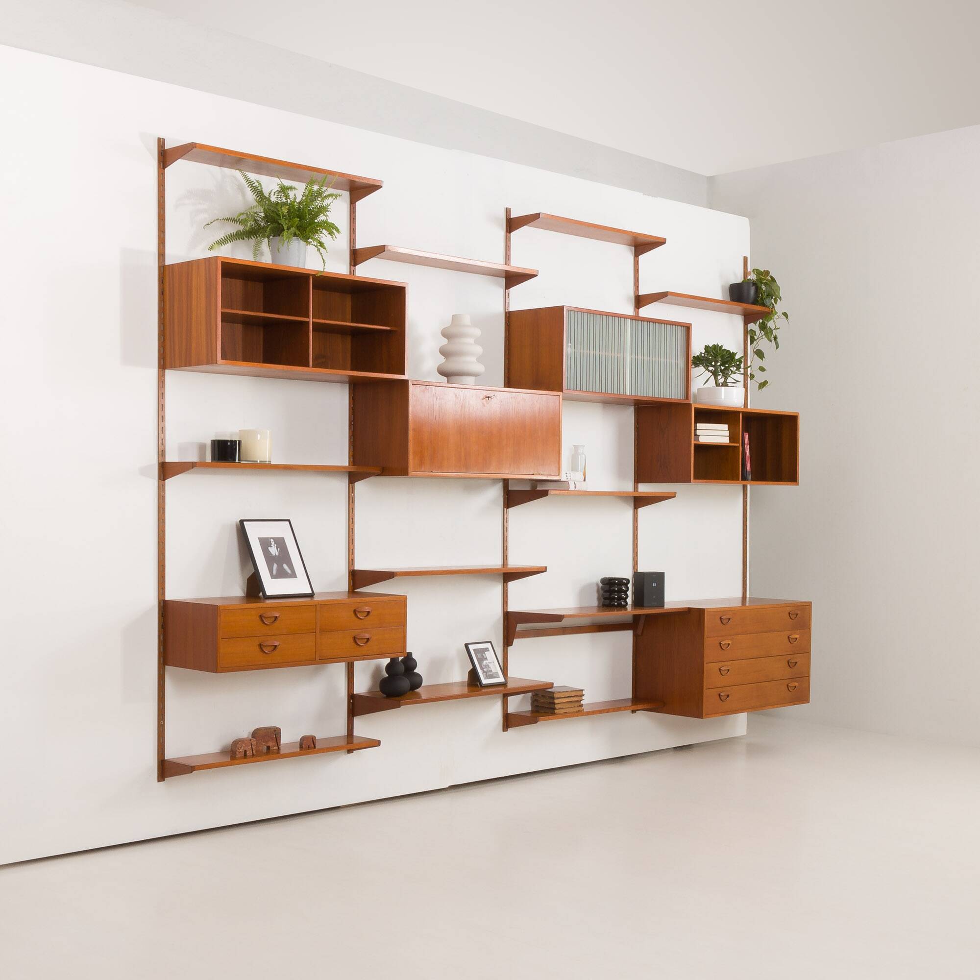 Kai Kristiansen four bay teak wall unit with a dresser, FM Mobler, Denmark