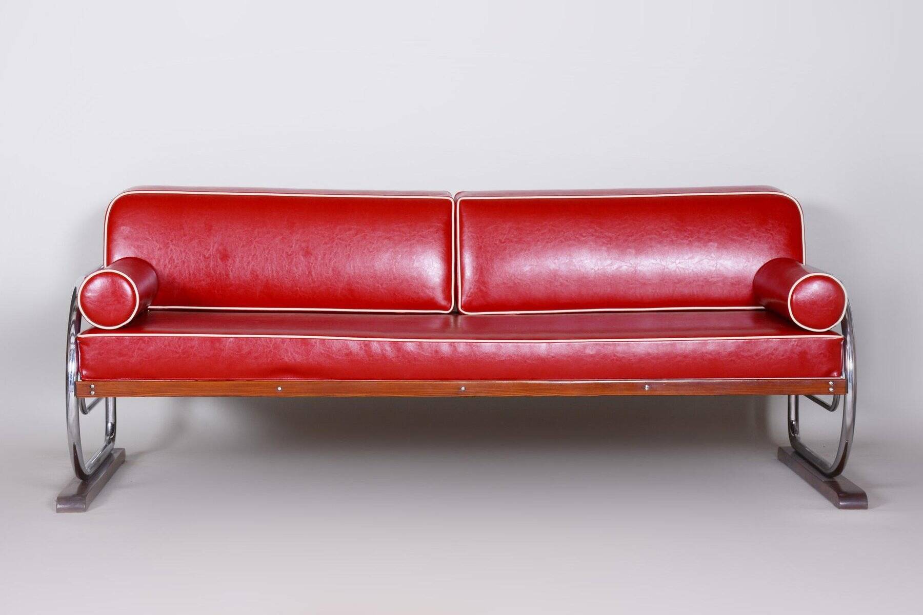 Bauhaus Red Tubular Chromed Steel Sofa by Robert Slezák, 1930s