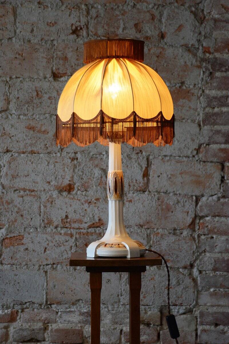 Art Deco Table Lamp in Ceramic and Textile Lampshade, Austria-Vienna, 1910s