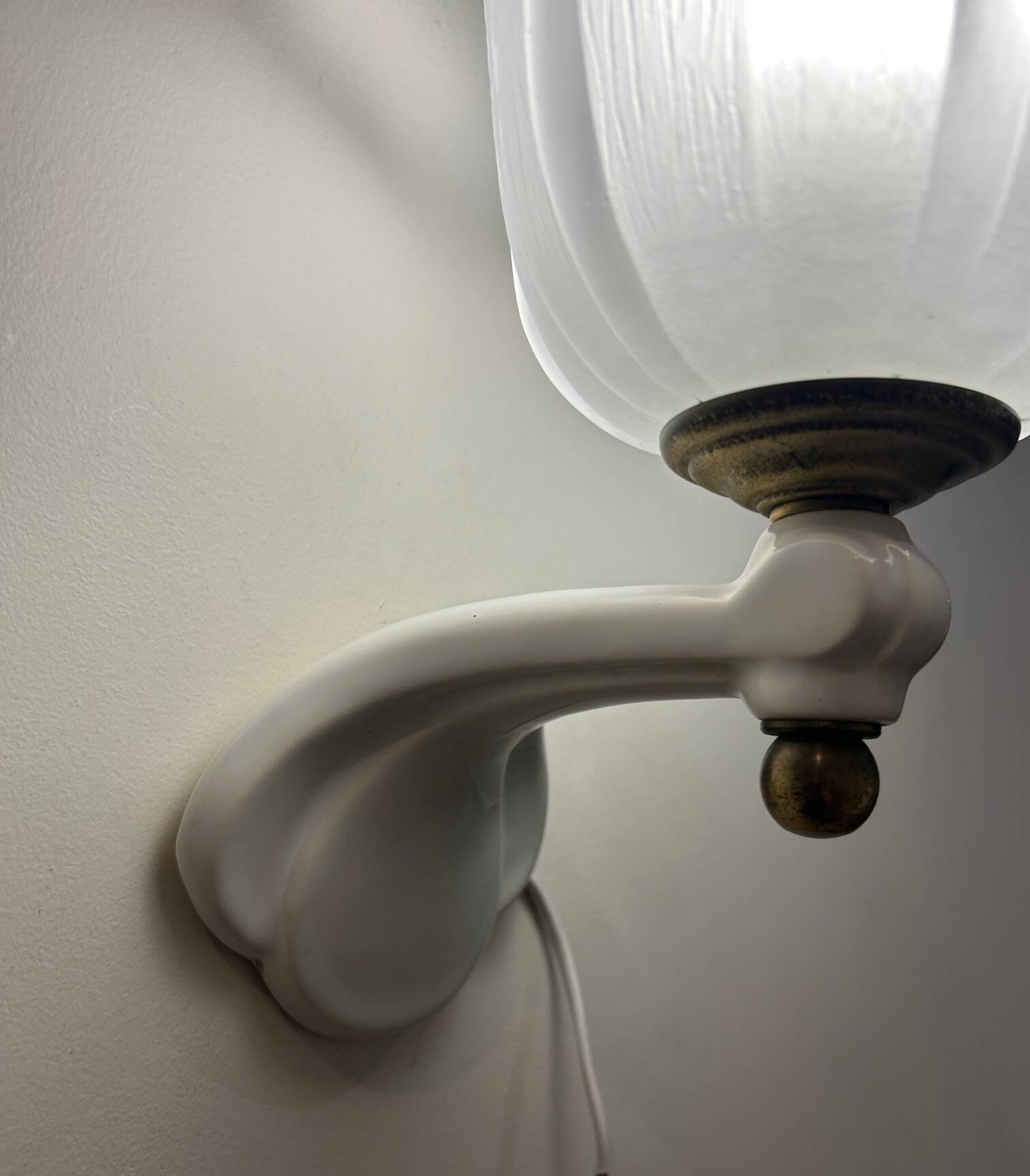 pair of ceramic and frosted glass wall lights 1950
