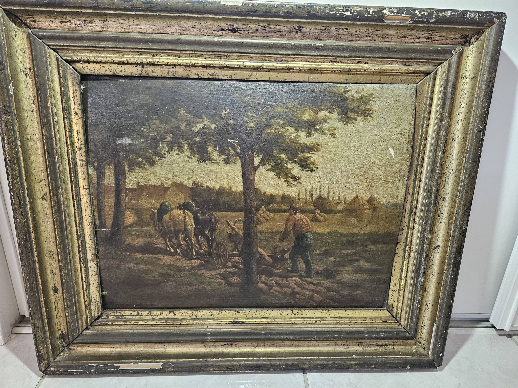 Tableau, huile panneau - Paysage champêtre, scène de labour, signé Plaisant, XIXème s.