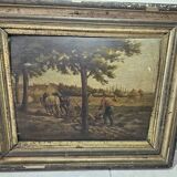Oil painting panel - Countryside landscape Ploughing scene Signed Plaisant XI