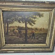 Tableau, huile panneau - Paysage champêtre, scène de labour, signé Plaisant, XIXème s.