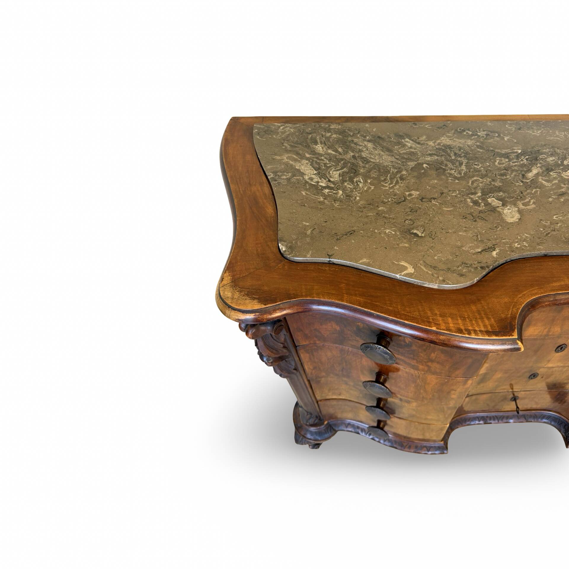 serpentine commode in antique walnut