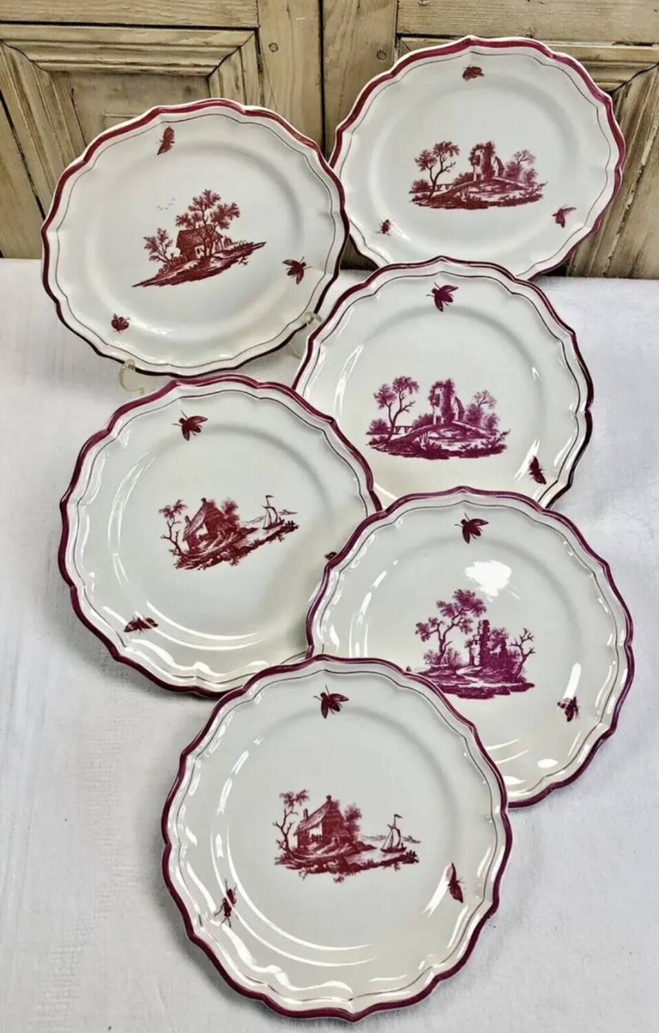 Ancien plat rond Gien modèle Paysages roses 1938 1960