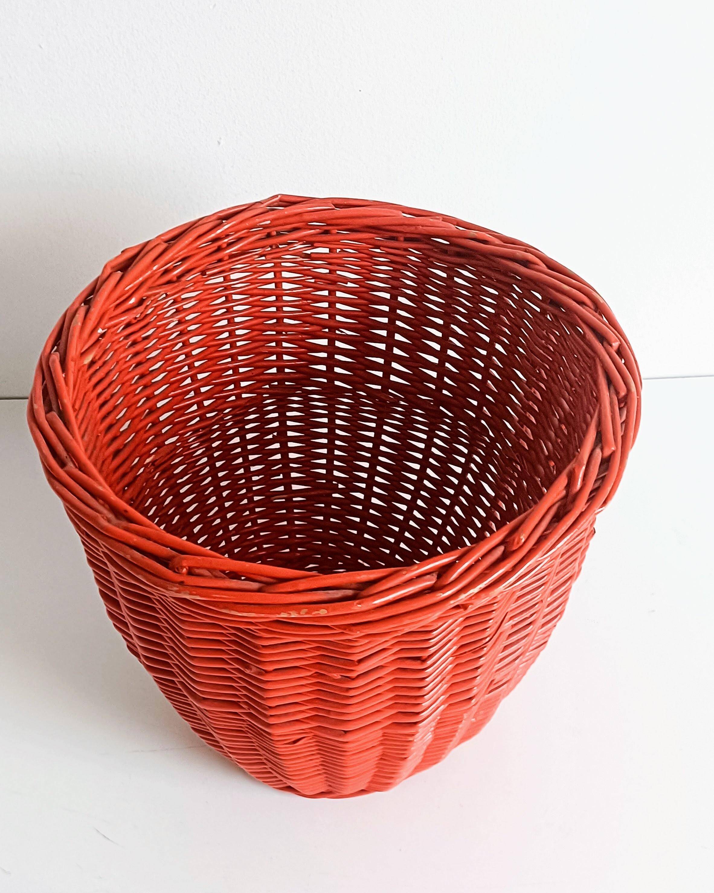 Bohemian Mid-Century Coral Red Wicker Basket, France, circa 1960s