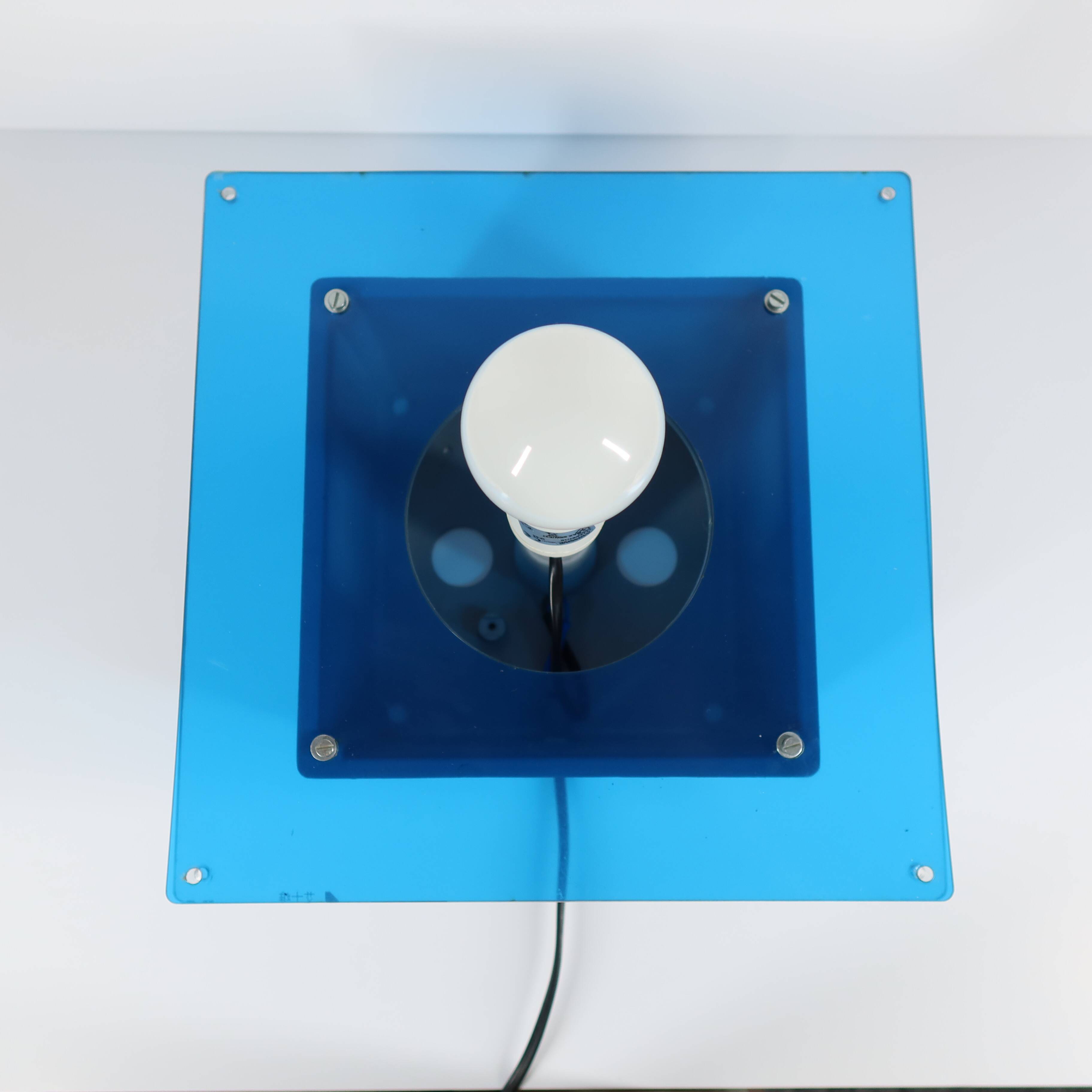 Grey metal cubic design lamp, coloured filters and Japanese signature.