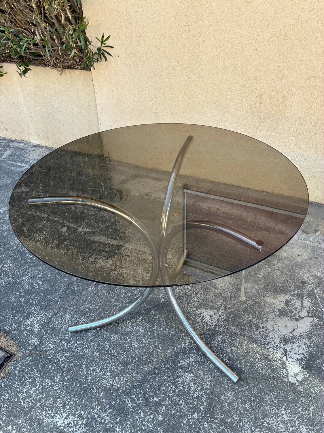 70s chrome metal and smoked glass table